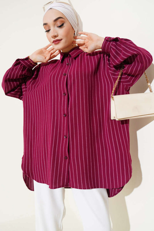 قميص ليندا مخطط كبير الحجم باللون العنابي