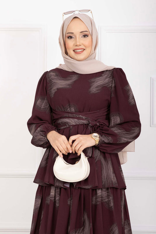 Liva Belted Layered Dress Burgundy