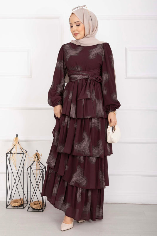 Liva Belted Layered Dress Burgundy