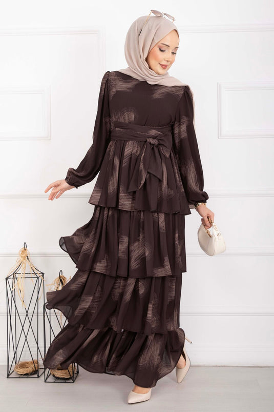 Liva Belted Layered Dress Brown