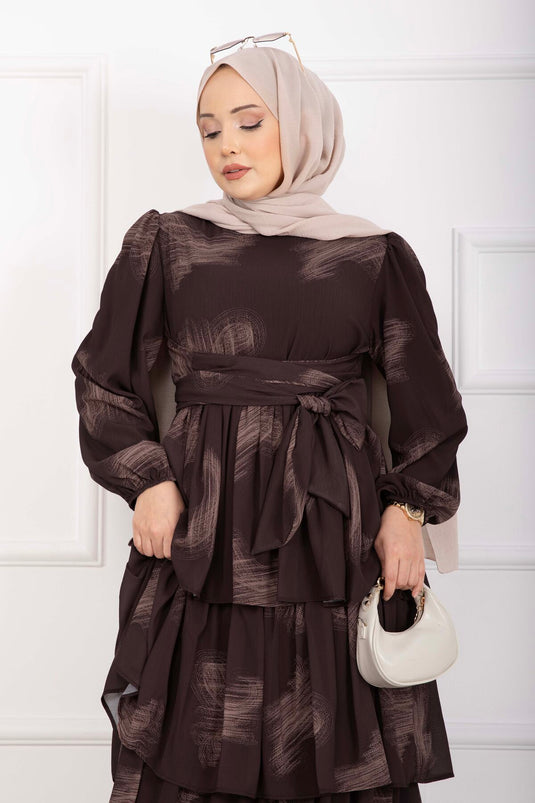 Liva Belted Layered Dress Brown