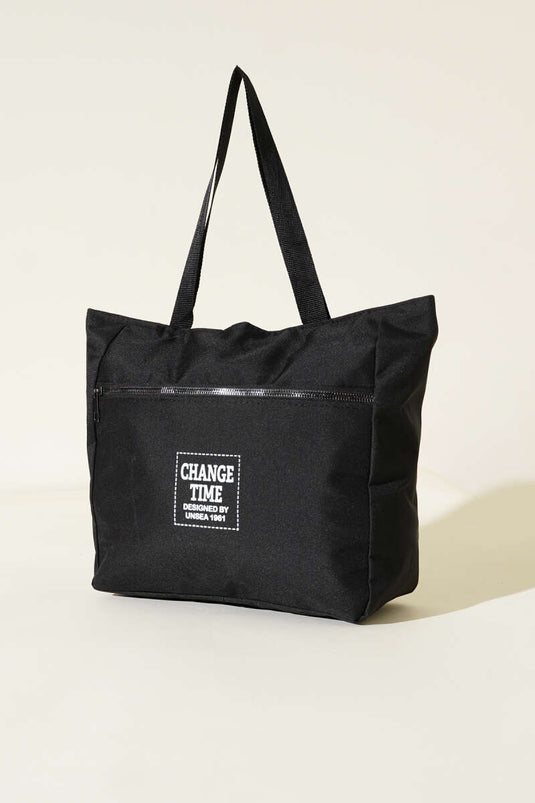 Logo Printed Zipper Bag Black