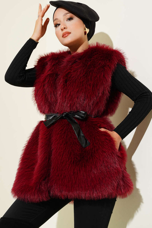 Lolita Plush Belted Vest Burgundy