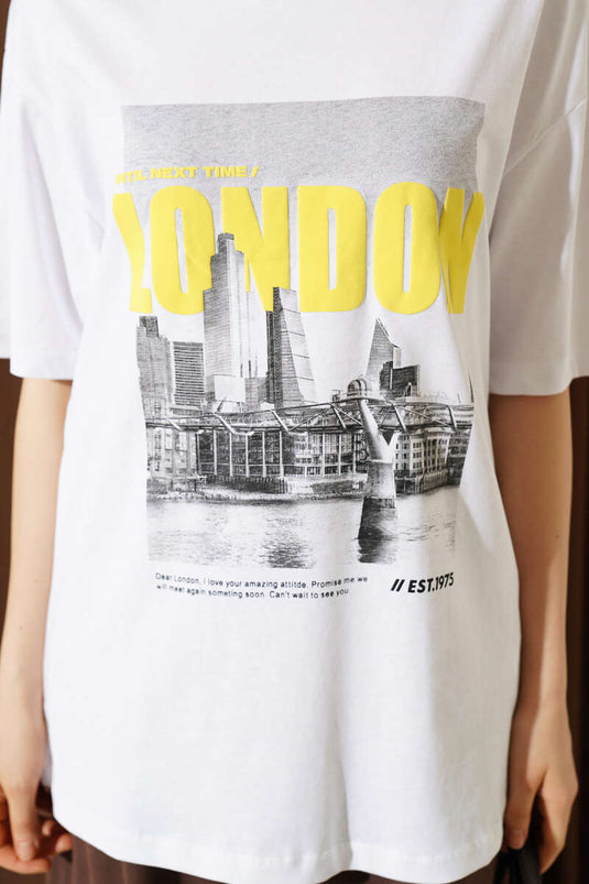 London Baskılı Oversize T-shirt Beyaz