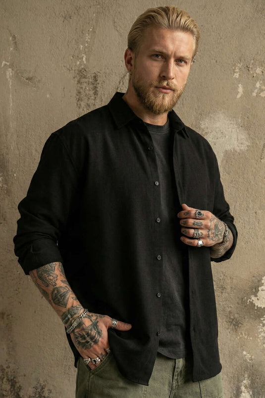 Loszittend Gabardine Herenoverhemd Zwart