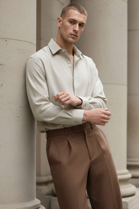 Loose Fit Gabardin Erkek Gömlek Vizon