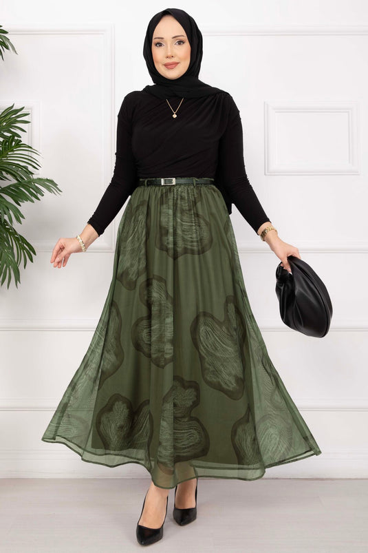 Lora Belted Lined Tulle Skirt Khaki