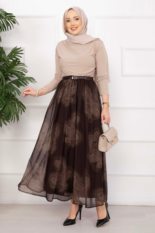 Lora Belted Lined Tulle Skirt Brown