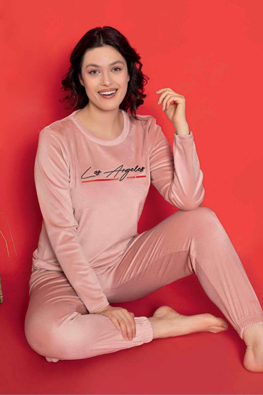 Los Angeles Printed Velvet Pajama Set, Rose Pink