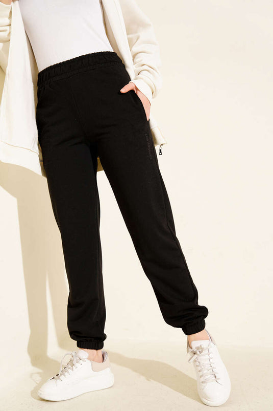 Los Angeles Nakışlı Şardonlu Pantolon Siyah