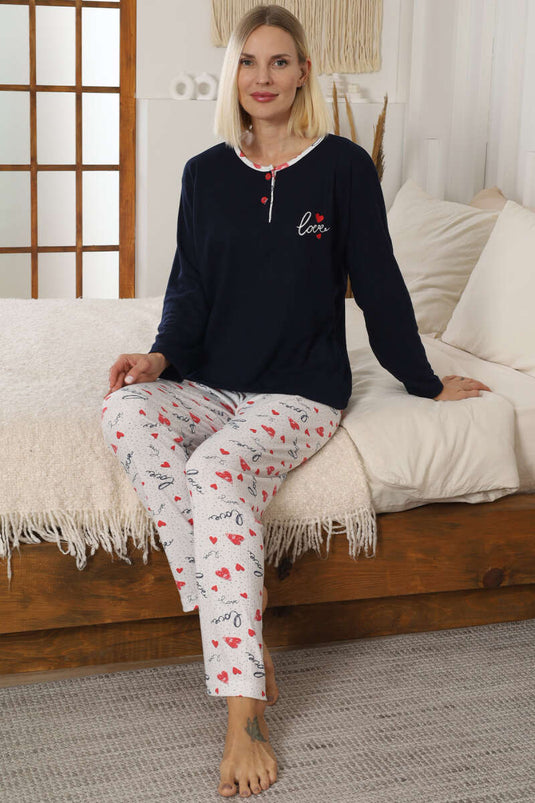 Love bedrukte damespyjama set donkerblauw