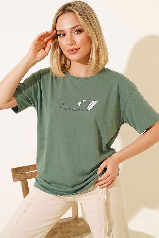 Love Baskılı T-shirt Yeşil