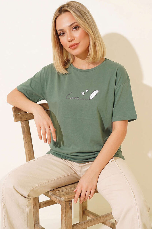 Love Baskılı T-shirt Yeşil