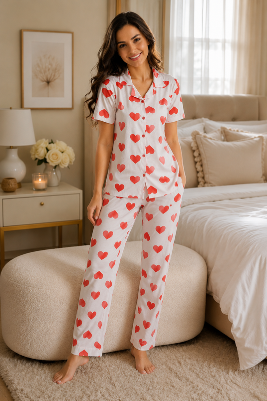 Love Desen Düğmeli Pijama Takımı Beyaz