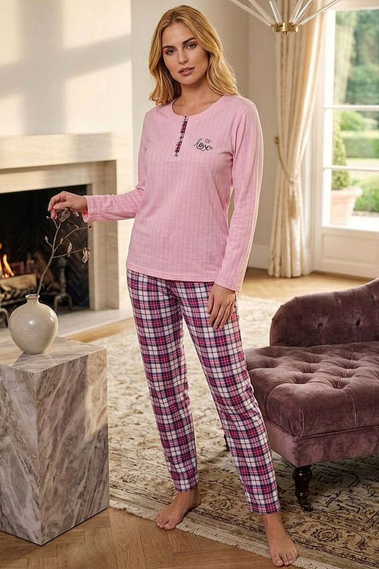 Ensemble de pyjama à carreaux avec broderie Love rose