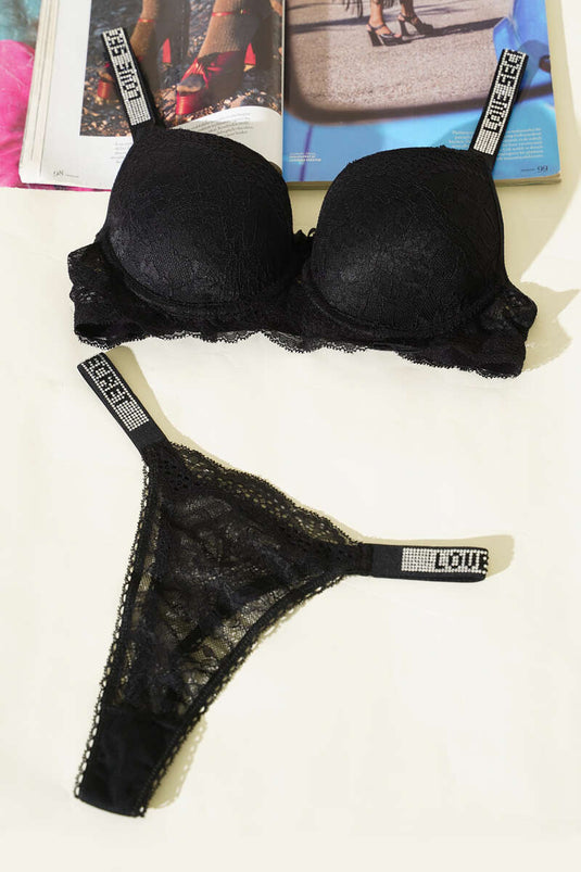 Ensemble soutien-gorge à armatures avec pierres Love, noir en dentelle