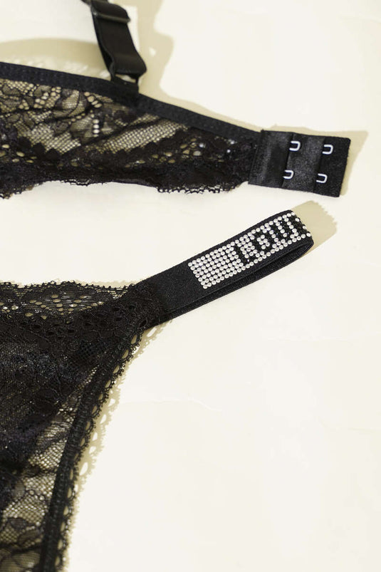 Love Taşlı Destekli Sütyen Takım Siyah Dantelli