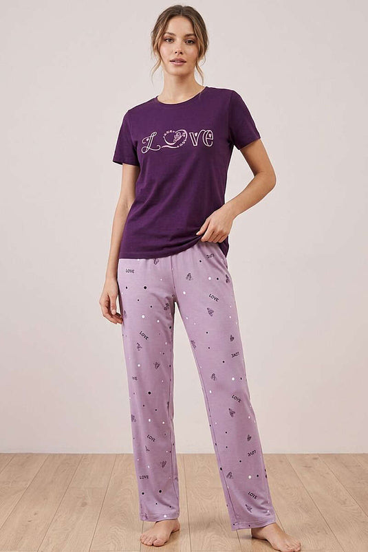 Ensemble pyjama court à manches courtes imprimé Love Yazı violet