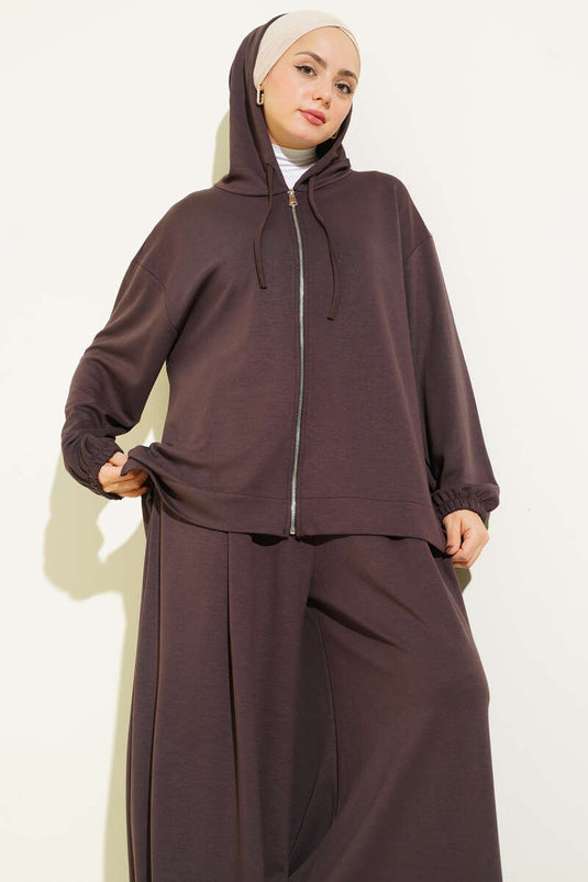 Ensemble double basique Loyşa à capuche avec fermeture éclair marron