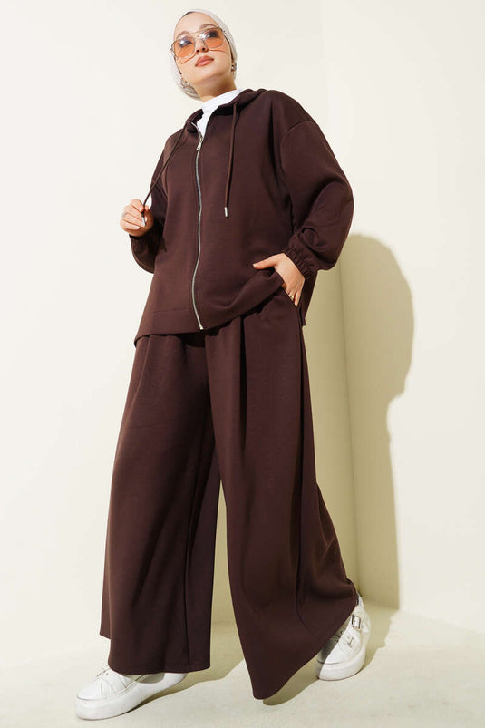 Loyşa Basic Zippered Hooded Two-Piece Set Coffee