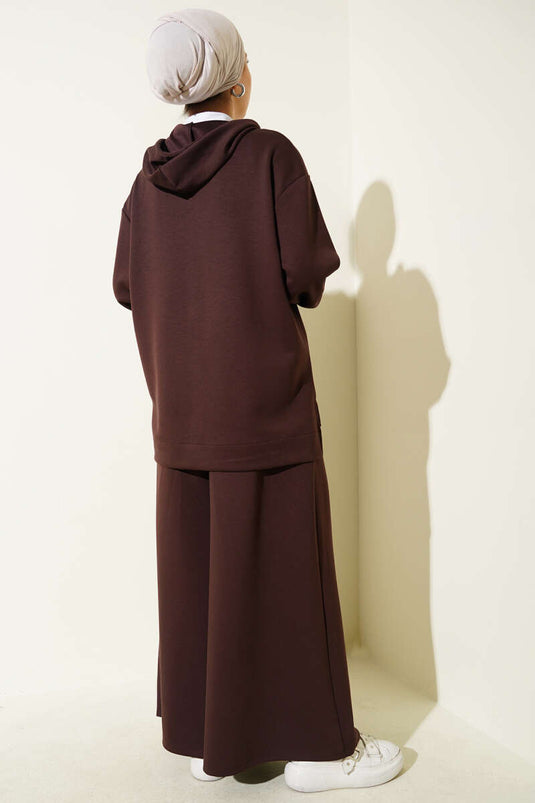 Loyşa Basic Zippered Hooded Two-Piece Set Coffee