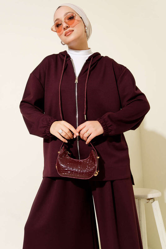 Loyşa Basic Zippered Hooded Two Piece Suit Plum