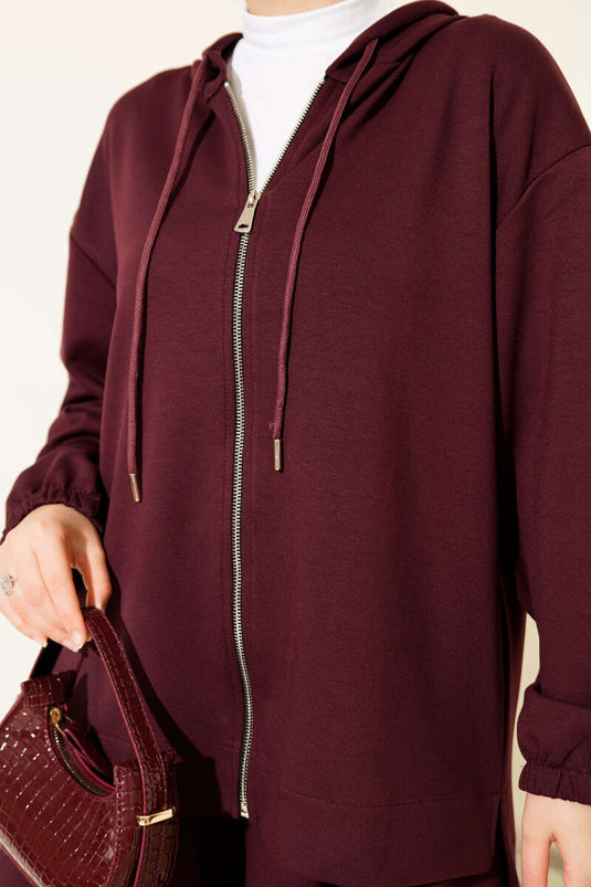 Loyşa Basic Zippered Hooded Two Piece Suit Plum