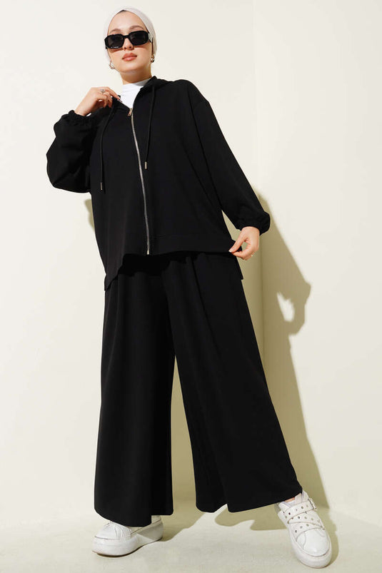 Loyşa Basic Zippered Hooded Two Piece Suit Black