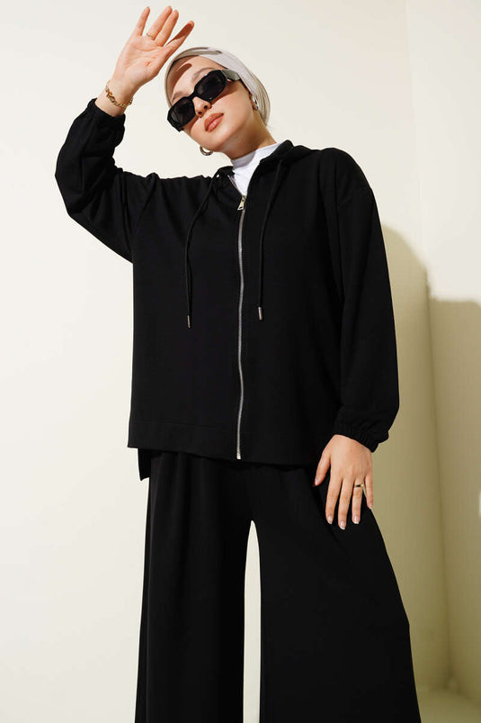 Loyşa Basic Zippered Hooded Two Piece Suit Black