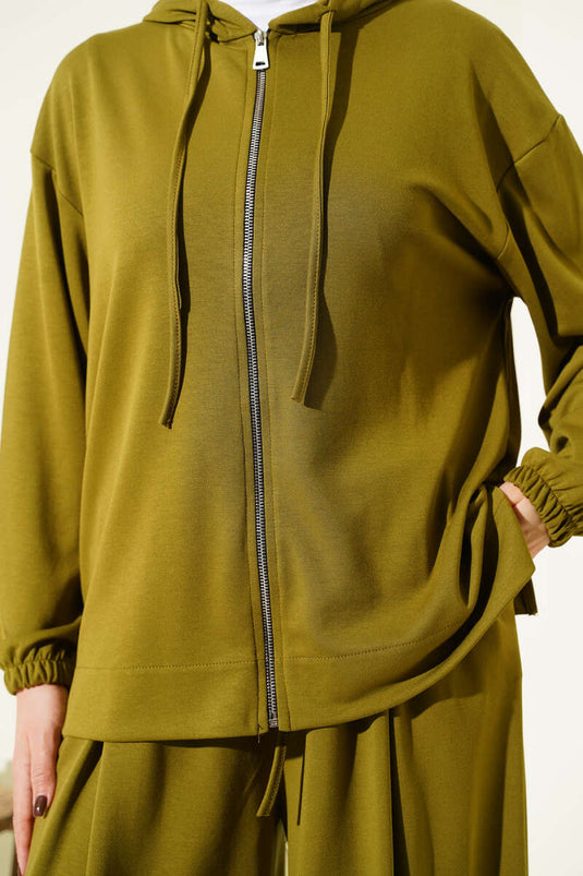 Loyşa Basic Fermuarlı Kapüşonlu İkili Takım Yağ Yeşili