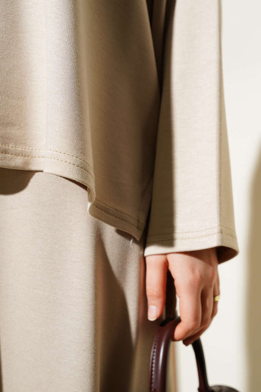 Loyşa Basic Tunic Skirt Two Piece Set Beige