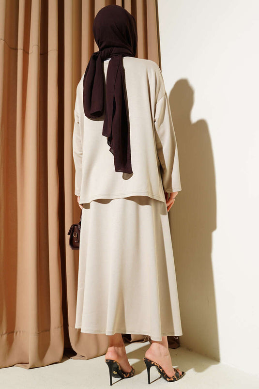 Loyşa Basic Tunic Skirt Two Piece Set Beige
