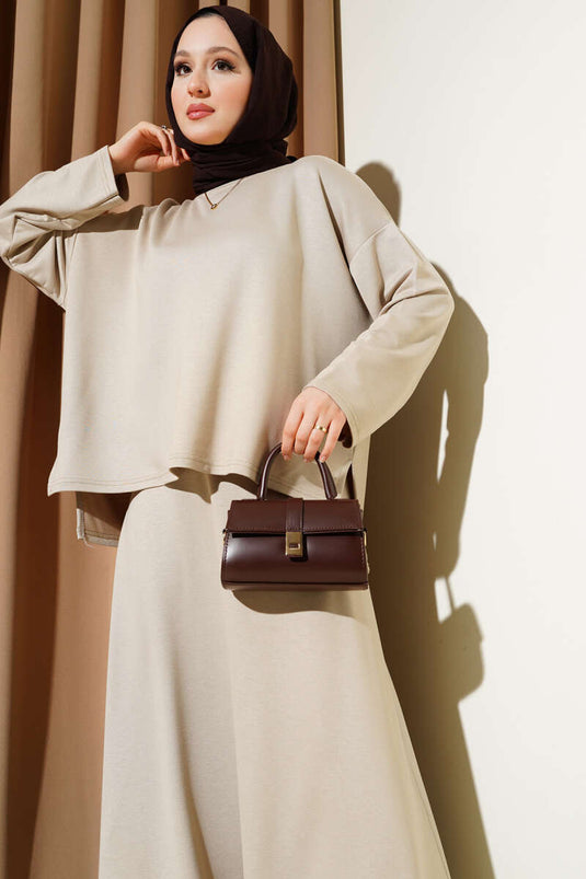 Loyşa Basic Tunic Skirt Two Piece Set Beige
