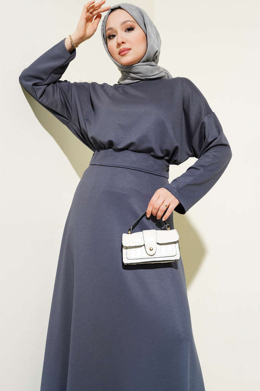 Loyşa Basic Tunic Skirt Two Piece Suit Smoke