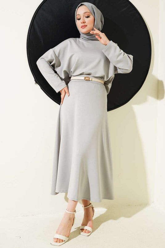 Loyşa Basic Tunic Skirt Two Piece Set Gray