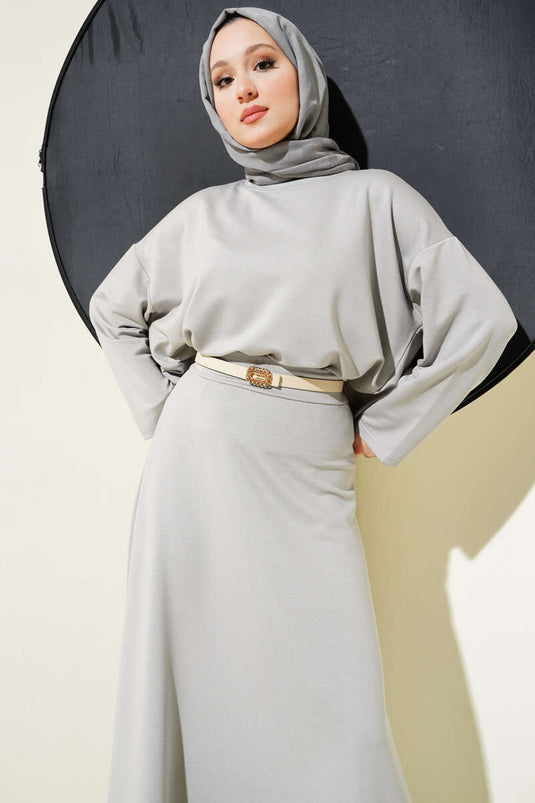 Loyşa Basic Tunic Skirt Two Piece Set Gray