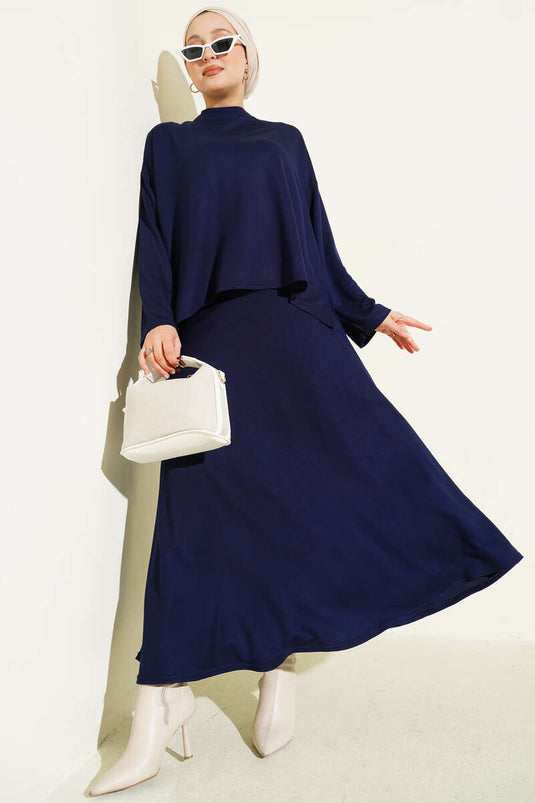 Loyşa Basic Tunic Skirt Two Piece Suit Navy Blue