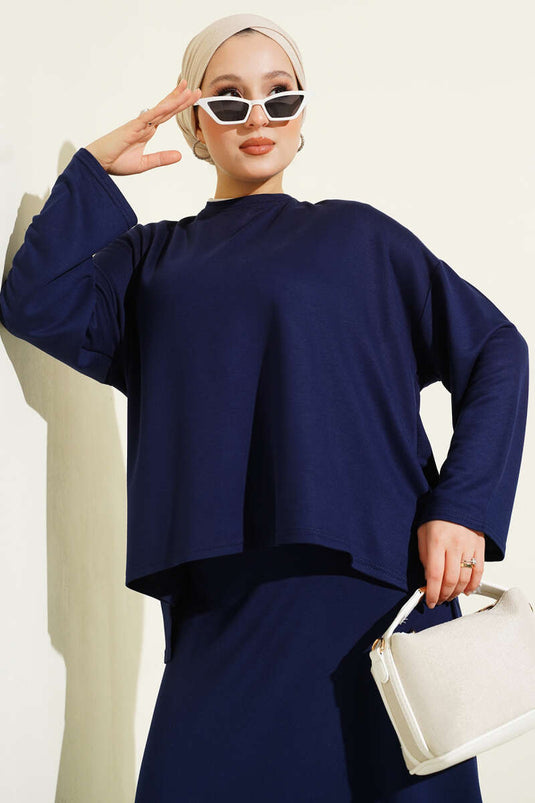Loyşa Basic Tunic Skirt Two Piece Suit Navy Blue