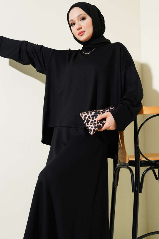 Loyşa Basic Tunic Skirt Two Piece Set Black