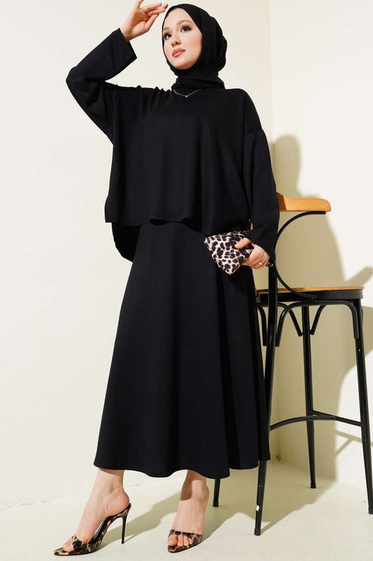 Loyşa Basic Tunic Skirt Two Piece Set Black