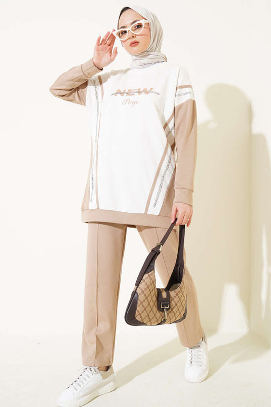 Loyşa Baskılı Pullu İkili Takım Bej