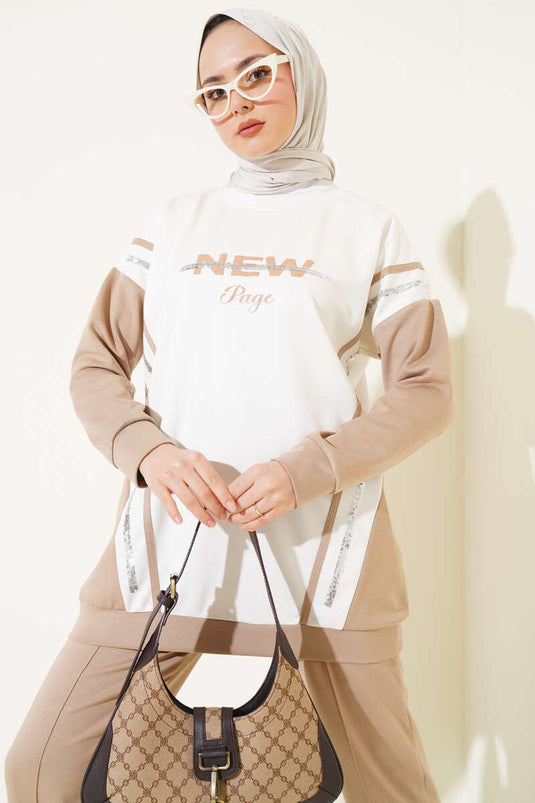 Loyşa Baskılı Pullu İkili Takım Bej