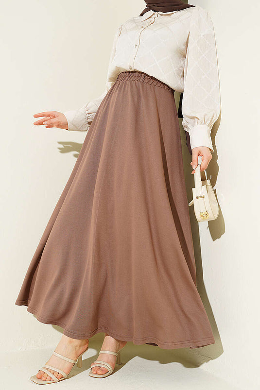 Loyşa Waist-Elastic Belted Skirt Chestnut