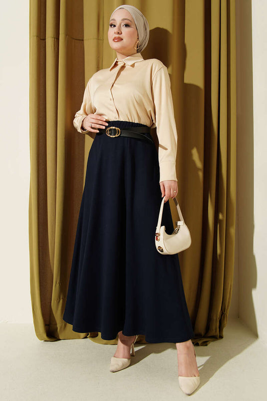 Loyşa Bel Lastikli Kemerli Etek Lacivert