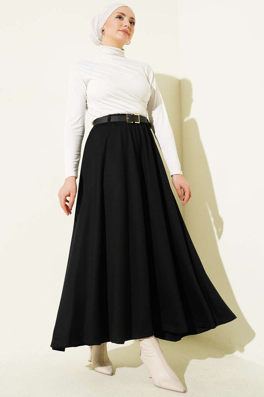 Skirt with Waistband and Belt, Black