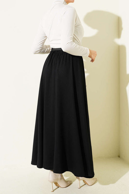Skirt with Waistband and Belt, Black