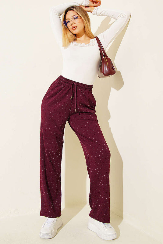 Loyşa Bel Lastikli Mini Taşlı Pantolon Bordo