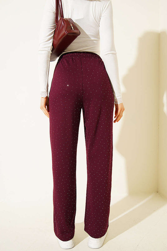 Loyşa Bel Lastikli Mini Taşlı Pantolon Bordo