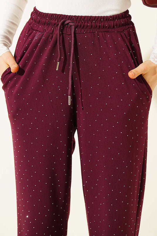 Loyşa Bel Lastikli Mini Taşlı Pantolon Bordo