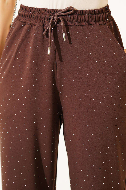 Pantalon court à pierres avec ceinture élastique Loyşa Bel, couleur café